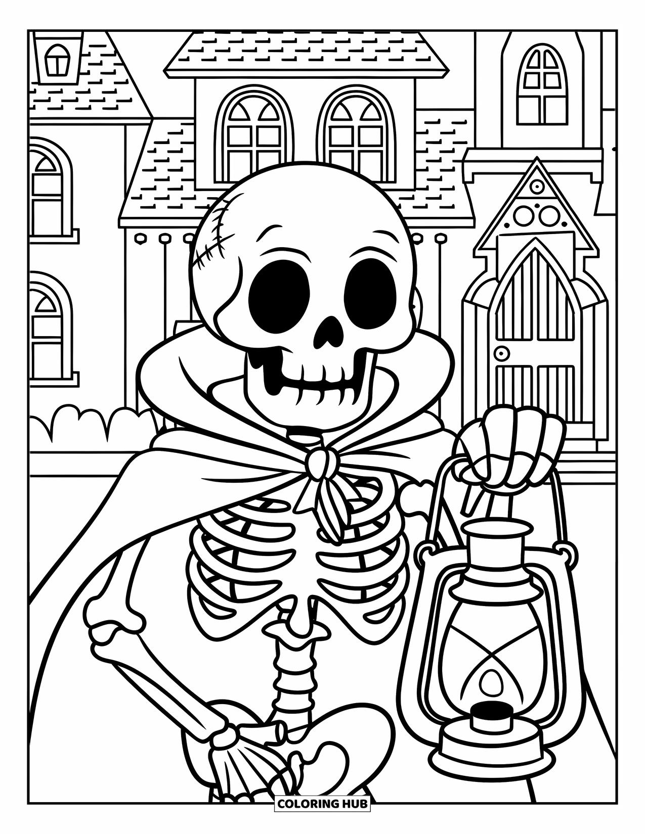 Skeleton Coloring Page for Kids: Skeleton in a cape holding a lantern outside a haunted mansion