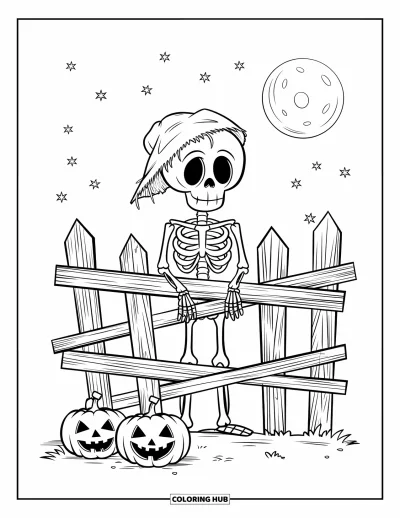 Coloriage de squelette pour enfants : Un squelette coiffé d'un chapeau derrière une clôture bancale sous un ciel étoilé d'Halloween