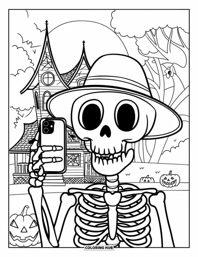 Coloriage de squelette pour enfants : Un squelette coiffé d'un chapeau prenant un selfie d'Halloween devant une maison effrayante