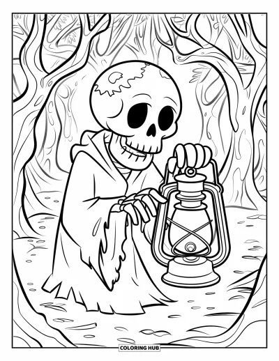 Coloriage de squelette pour enfants : Un squelette en robe tenant une lanterne dans une forêt sombre et feuillue