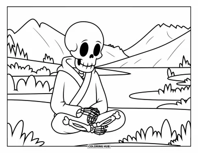 Coloriage de squelette pour enfants : Un squelette en robe assis en tailleur près de montagnes et d'un plan d'eau