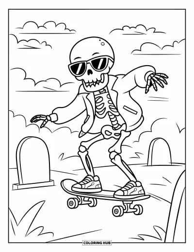 Coloriage de squelette pour enfants : Un squelette en lunettes de soleil faisant du patin dans un cimetière