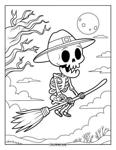 Coloriage de squelette pour enfants : Un squelette sur un balai volant au-dessus d'arbres inquiétants et d'une pleine lune