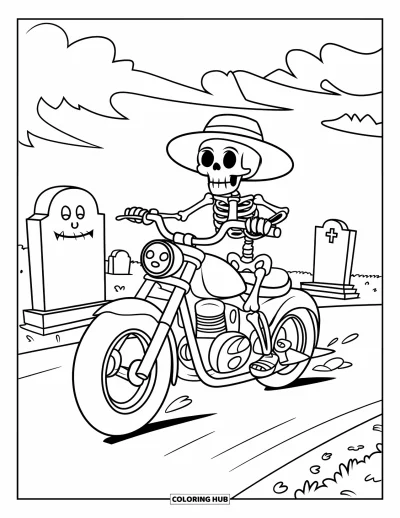 Coloriage de squelette pour enfants : Un squelette sur un vélo souriant filant à travers un cimetière nuageux