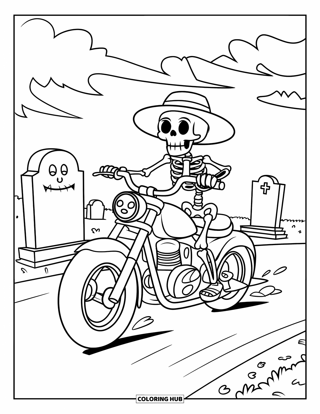 Skeleton Coloring Page for Kids: Skeleton on a smiling bike zooming through a cloudy graveyard