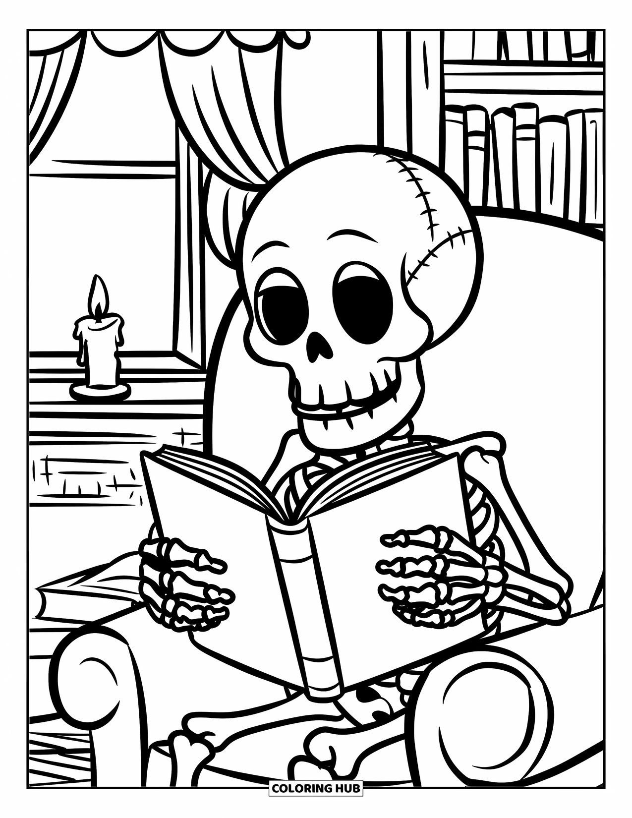Skeleton Coloring Page for Kids: Skeleton reading near a candle-lit shelf and window