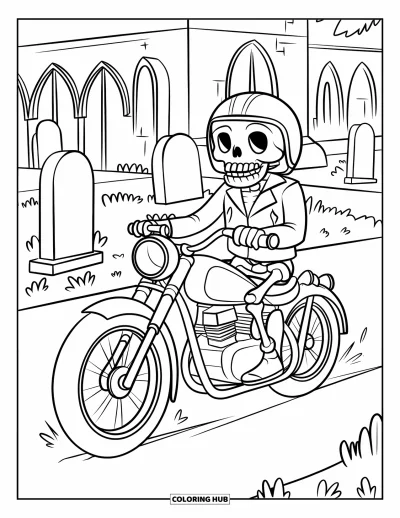 Coloriage de squelette pour enfants : Un squelette à moto traversant un cimetière et une arche gothique
