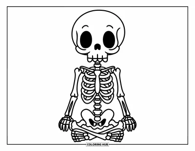 Coloriage de squelette pour enfants : Un squelette assis en tailleur paisiblement sur un fond uni