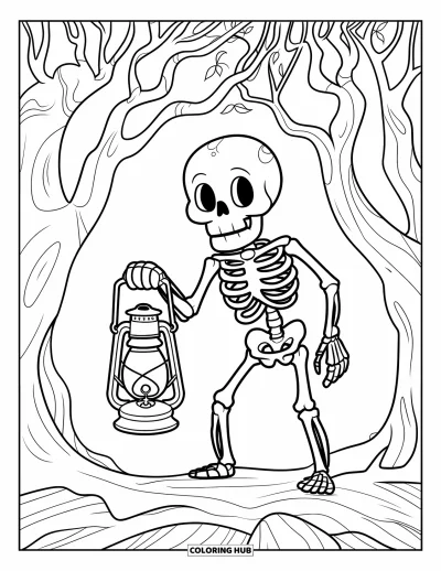 Coloriage de squelette pour enfants : Un squelette debout sur des rochers avec une lanterne parmi des arbres inquiétants