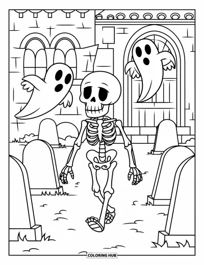 Coloriage de squelette pour enfants : Un squelette marchant devant des pierres tombales et des fantômes flottants près d'un bâtiment gothique