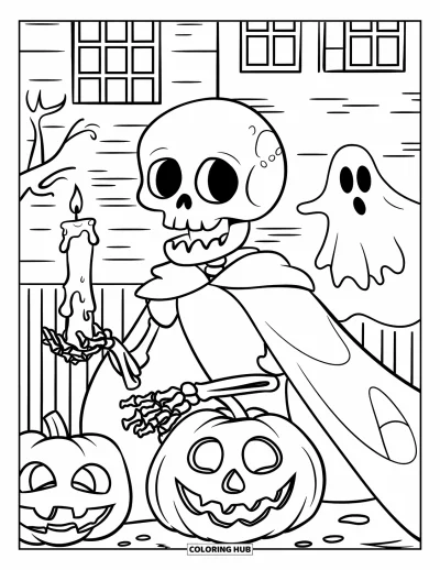 Coloriage de squelette pour enfants : Un squelette en cape avec une bougie près d'une maison hantée et d'un fantôme