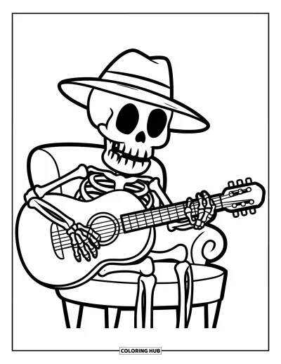Coloriage de squelette pour enfants : Un squelette avec un chapeau jouant de la guitare assis sur une chaise