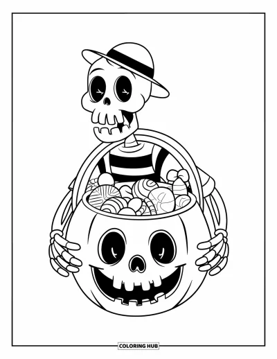 Coloriage de squelette pour enfants : Un squelette en chemise rayée et chapeau tenant un immense seau à bonbons