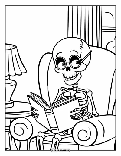 Coloriage de squelette pour enfants : Un squelette avec des lunettes lit un livre dans une chambre douillette