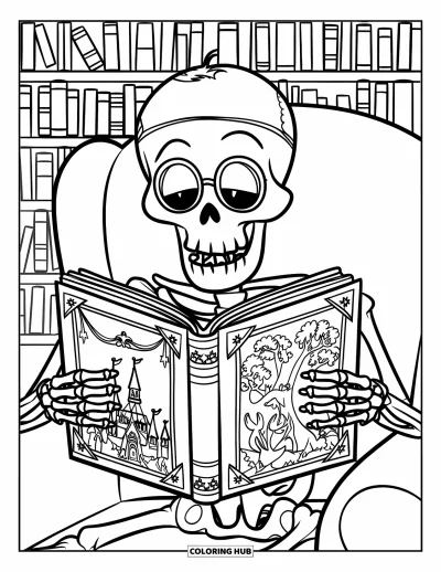 Coloriage de squelette pour enfants : Un squelette avec des lunettes lisant un livre à couverture de château dans une bibliothèque