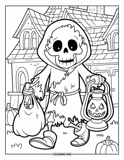 Coloriage de squelette pour enfants : Un squelette en robe avec une lanterne faisant la quête d'Halloween devant une maison hantée