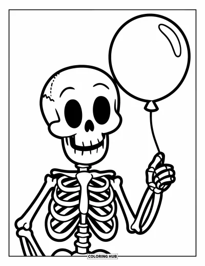 Coloriage de squelette pour enfants : Un squelette souriant tenant un ballon avec des os bien marqués et faciles à colorier