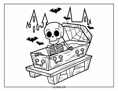 Coloriage de squelette pour enfants : Un squelette effrayant dans un cercueil près de chauves-souris et d'un château hanté