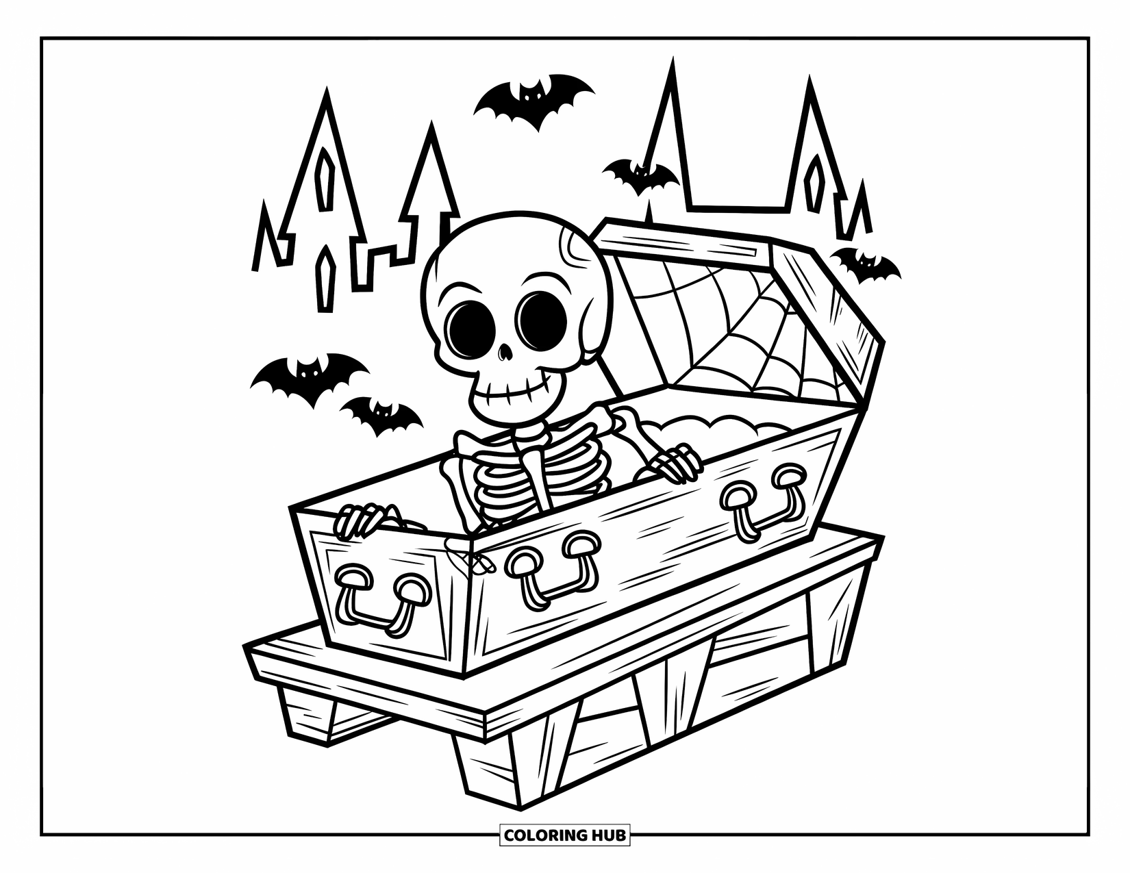 Skeleton Coloring Page for Kids: Spooky skeleton in coffin near bats and a haunted castle