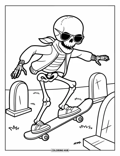 Coloriage de squelette pour enfants : Un squelette élégant avec une écharpe faisant du patin devant des pierres tombales