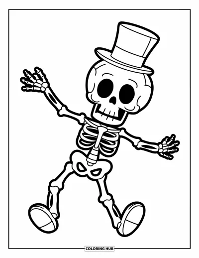 Coloriage de squelette pour enfants : Un squelette avec un haut-de-forme danse les bras levés sur un fond épuré