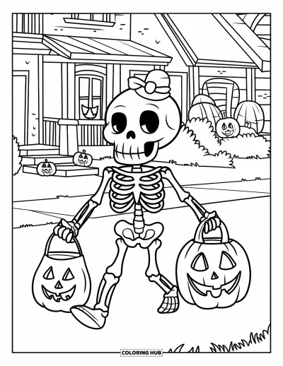 Coloriage de squelette pour enfants : Un squelette qui fait la quête d'Halloween avec une lanterne et un sac à bonbons près de maisons ornées de citrouilles