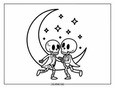 Coloriage de squelette pour enfants : Des squelettes en smoking dansant main dans la main sous les étoiles