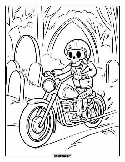 Coloriage de squelette pour enfants : Un squelette sur une moto vintage dans un cimetière avec des arbres tordus