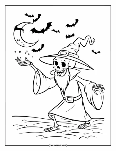 Coloriage de squelette pour enfants : Un squelette sorcier invoquant de la magie avec des chauves-souris et un ciel sombre