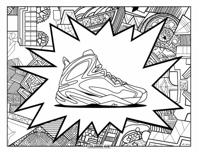 Coloriage de baskets pour adultes : Une basket audacieuse ressort parmi des formes tranchantes et des éléments détaillés comme des arbres et des bâtiments
