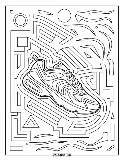 Coloriage de baskets pour adultes : Une basket audacieuse est au centre d'un labyrinthe tourbillonnant rempli de formes