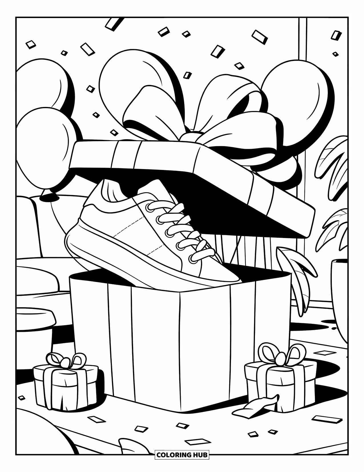 Sneaker Coloring Page for Adults: A chubby sneaker pops from a gift box with balloons, confetti, and nearby presents