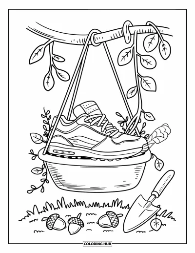 Coloriage de baskets pour adultes : Une jolie basket est suspendue dans un pot couvert de vignes avec des outils et des glands à la base