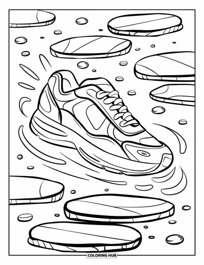 Coloriage de baskets pour adultes : Une jolie basket saute par-dessus des pierres avec des tourbillons de mouvement et des cailloux rebondissants en dessous