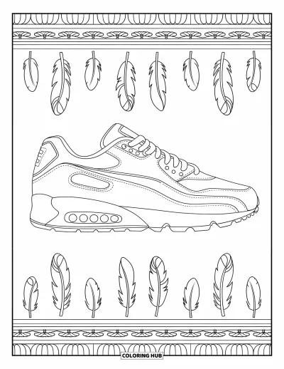 Coloriage de baskets pour adultes : Une basket détaillée avec des panneaux et des plumes repose dans une scène décorative pleine de motifs