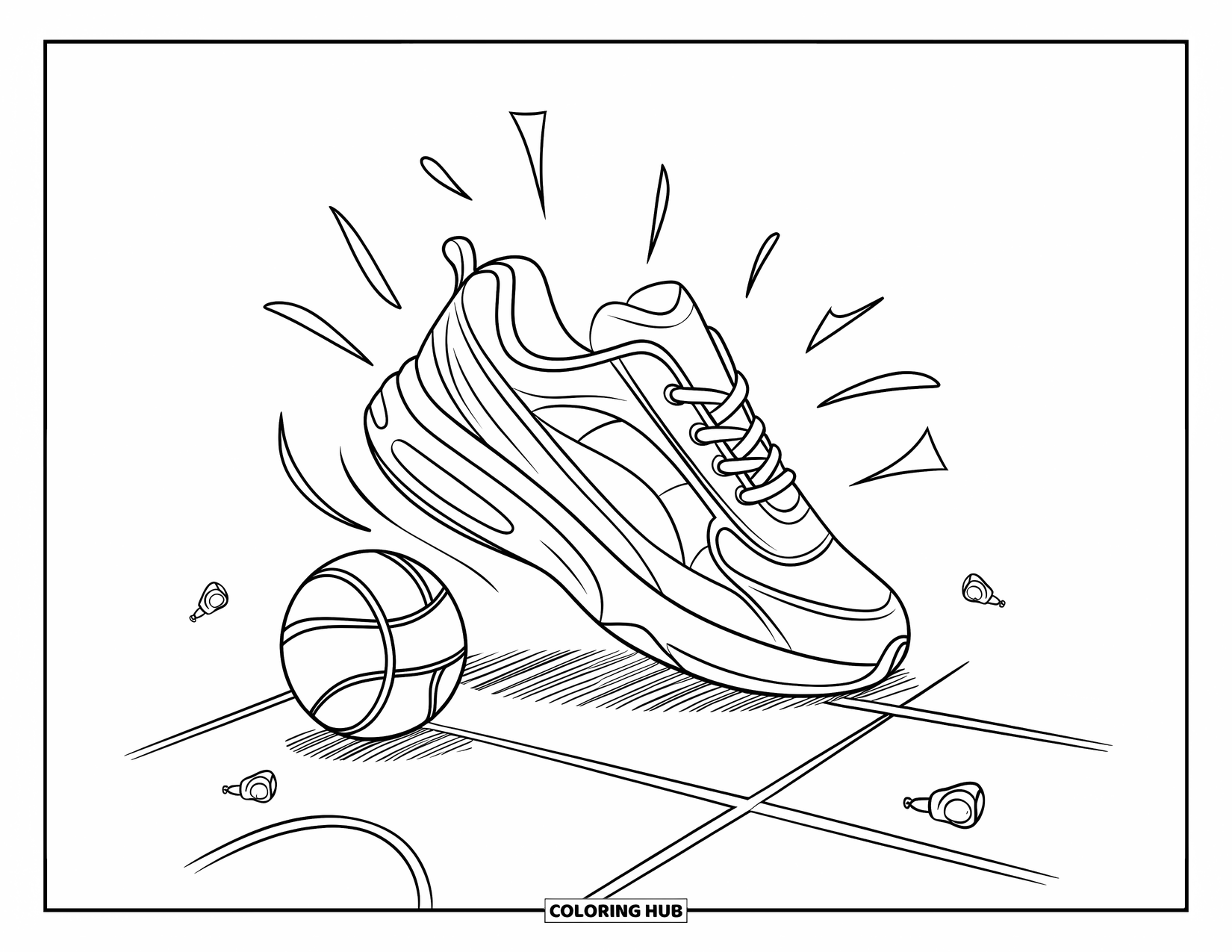 Sneaker Coloring Page for Adults: A doodle-style sneaker hits a ball on a court with swirls, whistles, and chalk lines