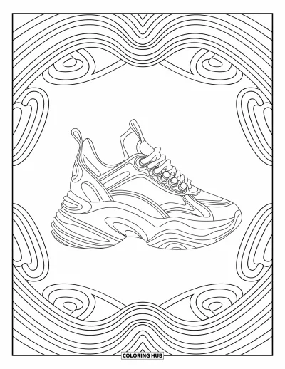 Coloriage de baskets pour adultes : Une basket à la mode se distingue avec des anneaux à motifs enroulés autour d'elle