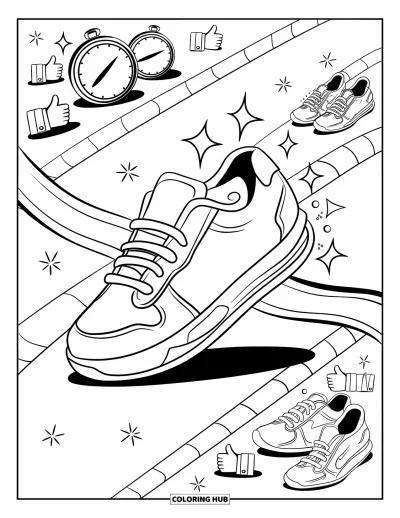 Coloriage de baskets pour adultes : Une basket sympathique franchit une ligne d'arrivée avec des étoiles, des baskets qui applaudissent et de petits cris de joie