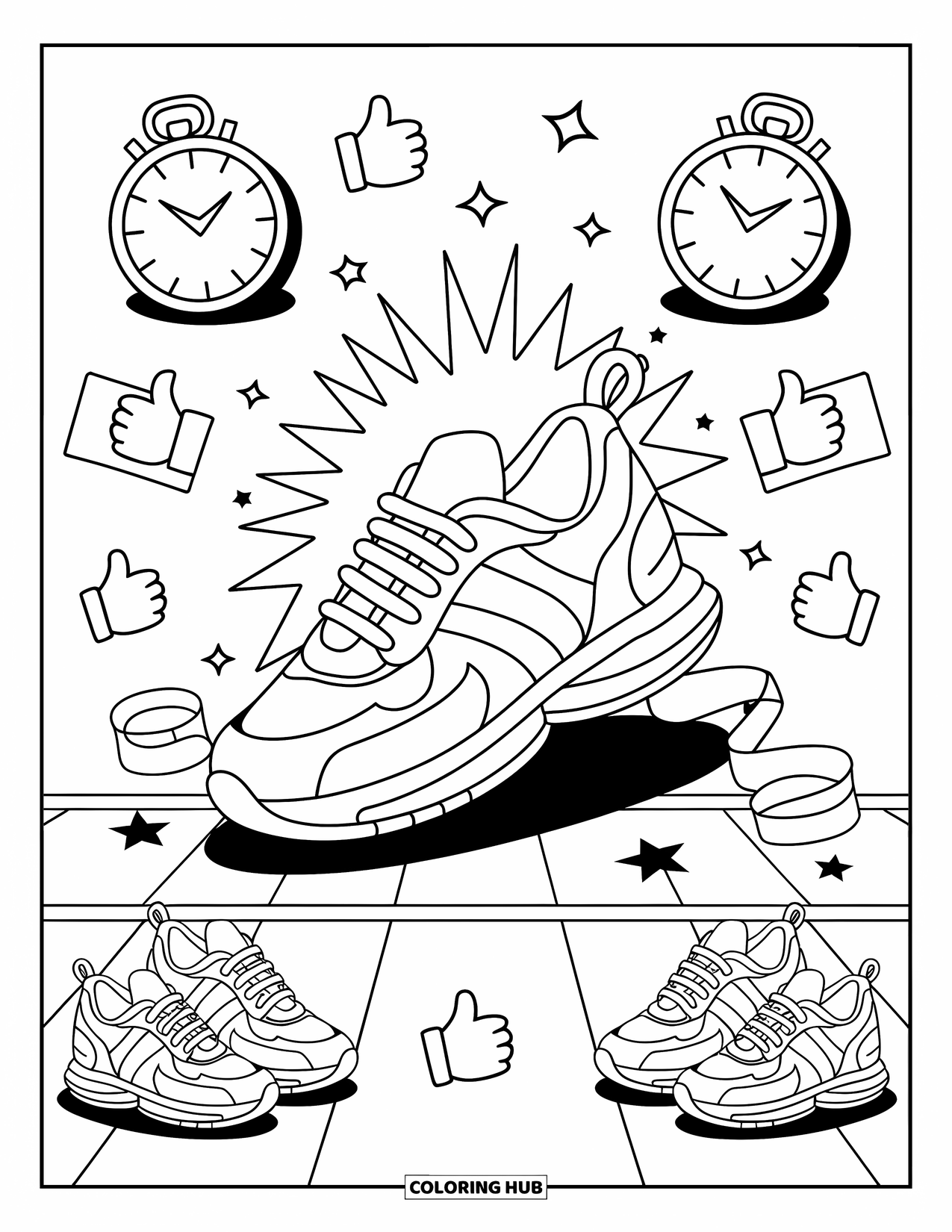 Sneaker Coloring Page for Adults: A happy sneaker crosses the finish ribbon with stars and supportive sneakers all around