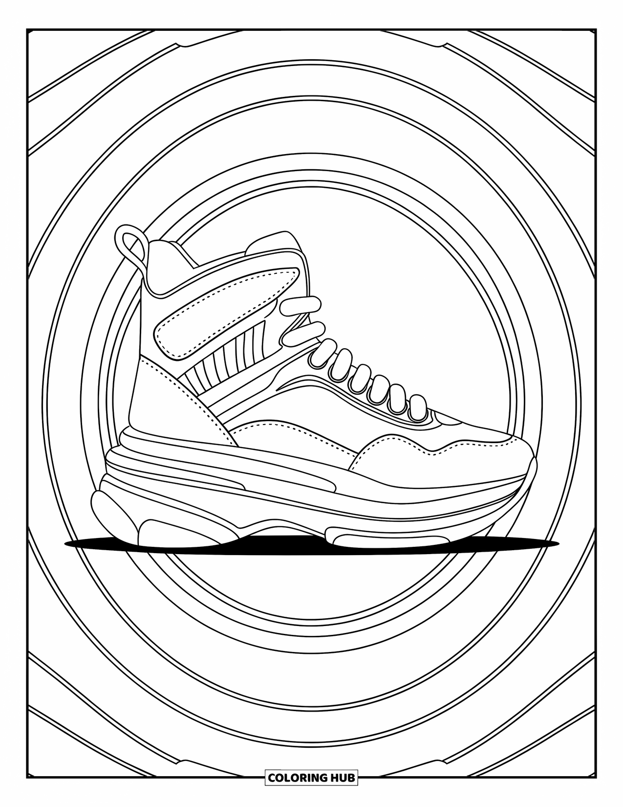 Sneaker Coloring Page for Adults: A high platform sneaker stands tall, framed by ornamental rings