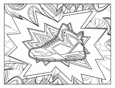 Coloriage de baskets pour adultes : Une haute basket entourée de formes inspirées du graffiti et de motifs artistiques en arrière-plan