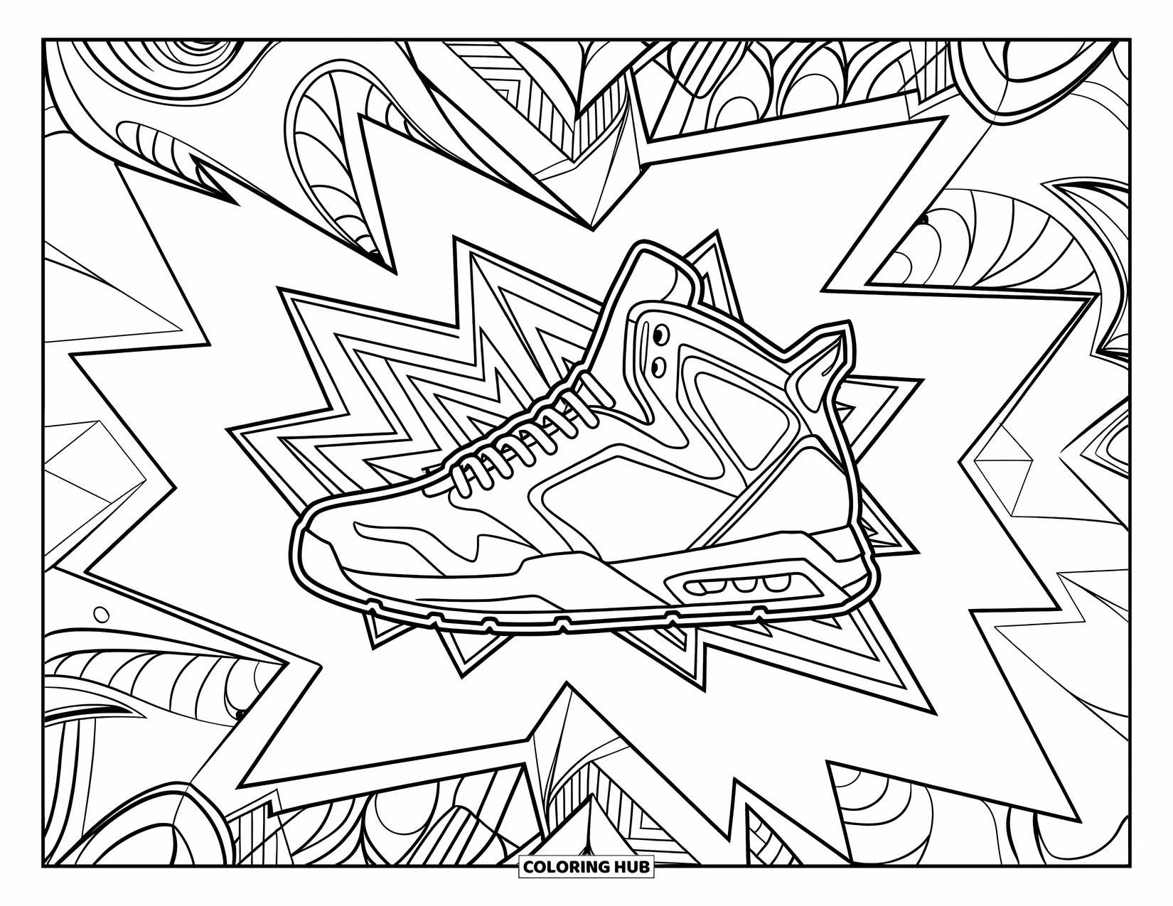 Sneaker Coloring Page for Adults: A high-top sneaker surrounded by graffiti-inspired shapes and artistic background patterns