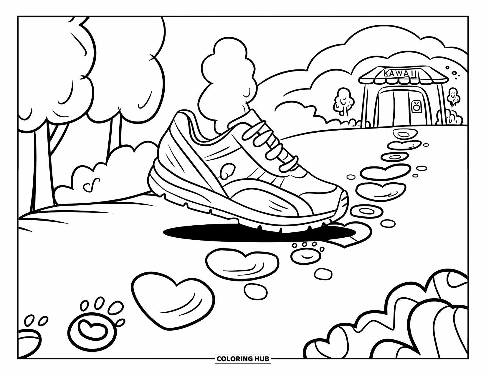 Sneaker Coloring Page for Adults: A jogging sneaker follows heart-shaped footprints past cloud-like trees and a mini water stop