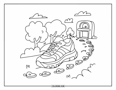 Coloriage de baskets pour adultes : Une basket de jogging court le long d'un sentier d'empreintes en cœur et en cercle avec des arbres ronds devant elle