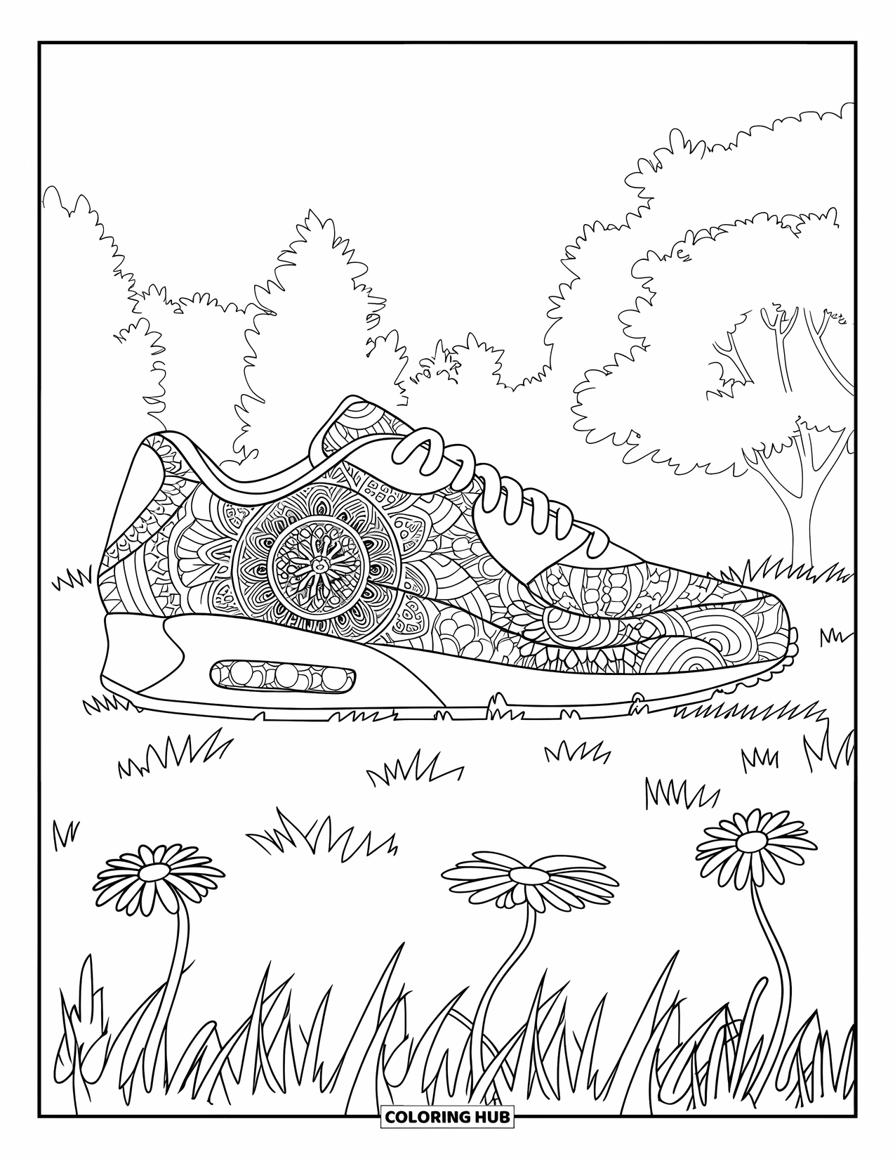 Sneaker Coloring Page for Adults: A mandala-filled sneaker rests on grass with flowers and trees in the background