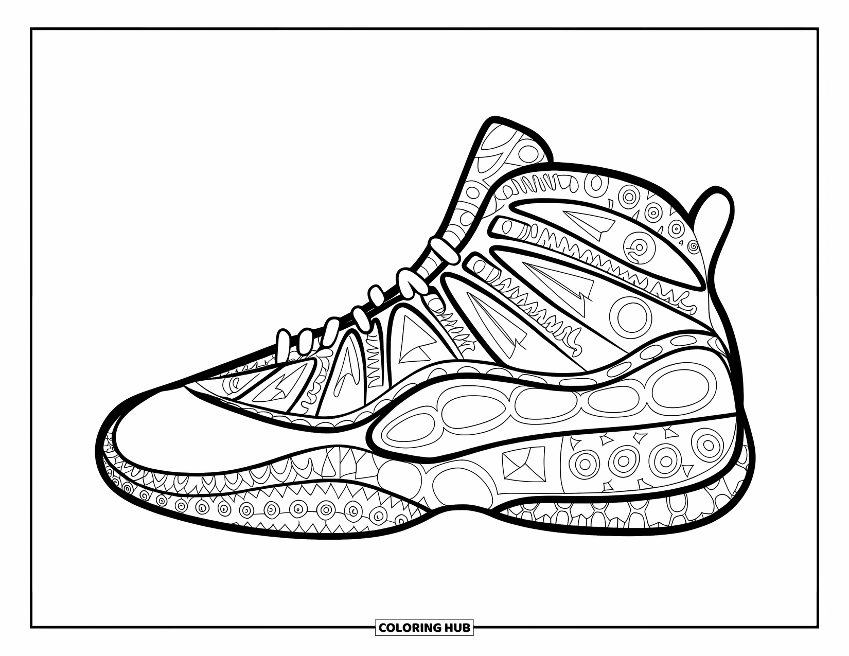 Sneaker Coloring Page for Adults: A patterned sneaker with arrows and triangles showcases clean lines and intricate details