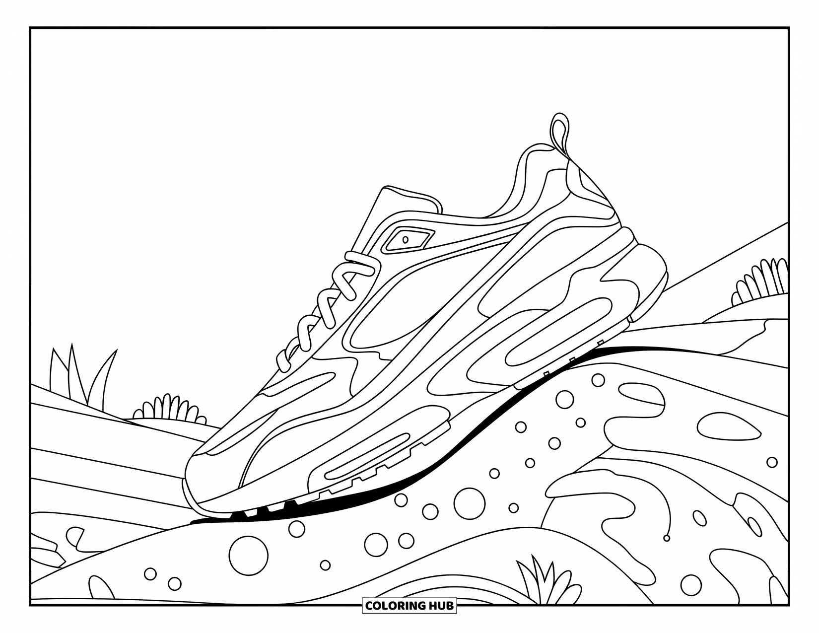 Sneaker Coloring Page for Adults: A realistic sneaker on rocky ground is surrounded by soft patterns and tiny plants