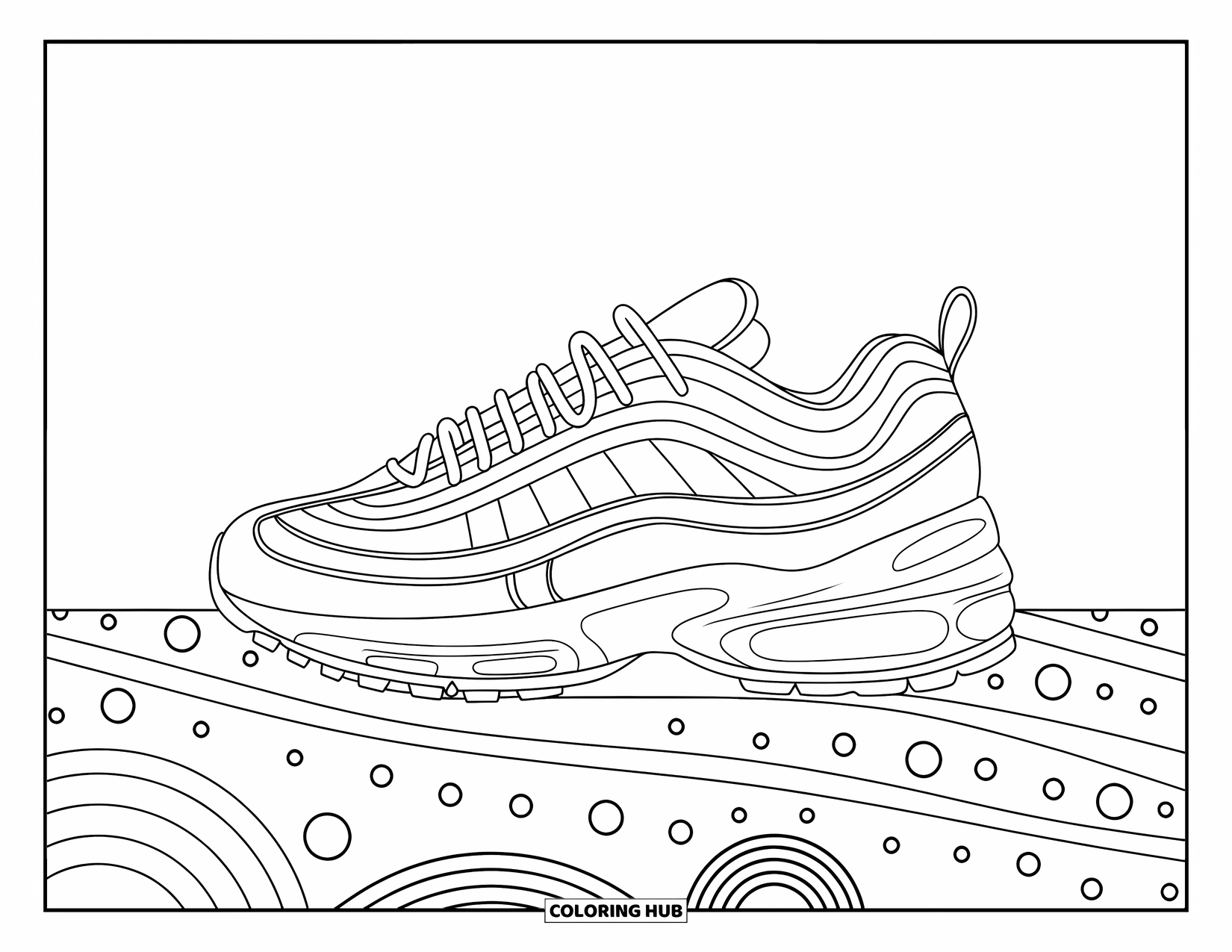 Sneaker Coloring Page for Adults: A realistic sneaker rests on waves and arches viewed from an angled perspective
