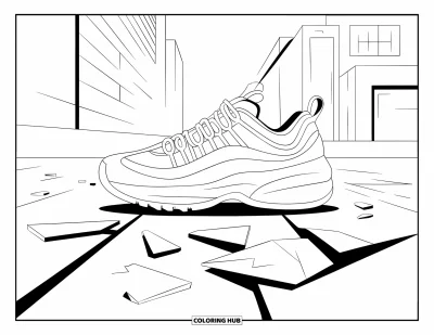 Coloriage de baskets pour adultes : Une basket solitaire sur un pavé fissuré avec des flèches et des éclats de verre près de bâtiments