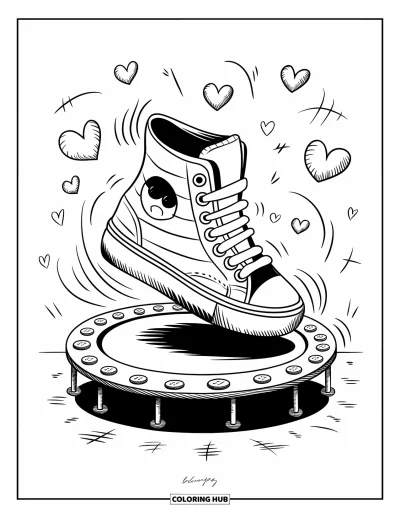 Coloriage de baskets pour adultes : Une basket souriante en pull saute sur un trampoline à boutons avec des cœurs et des tourbillons de mouvement